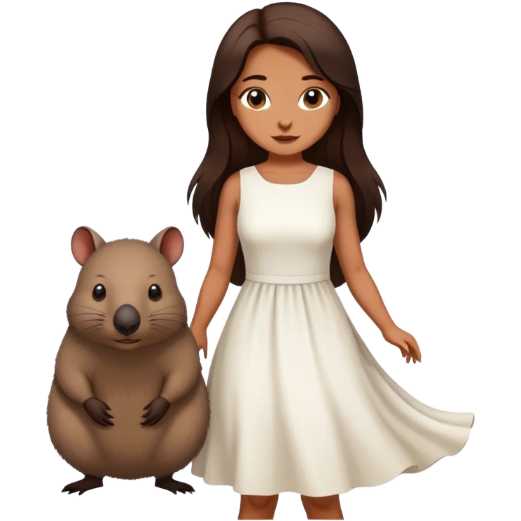 Beautiful woman in 1950’s woman fashion look, white dress, long dark brown hair, wombat emoji