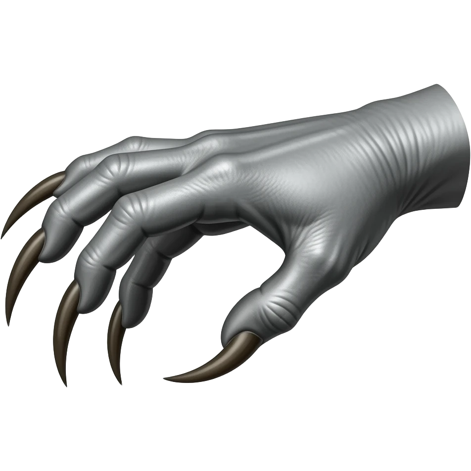 Demonic dark silver hand with long sharp dark ivory color claws. Shift the perspective to a side profile to show the curvature and length of the claws more clearly. emoji