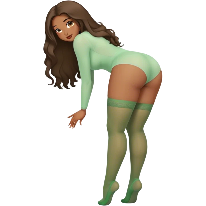 curvy light skinned black women   long hair and  brown eyes, intimate bending over sfw light green nylon stocking pose emoji