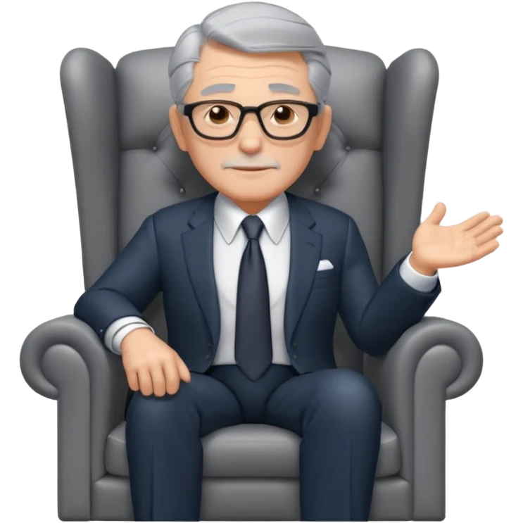 elderly businessman sitting in an armchair, wearing a formal suit and tie, gray hair, confident wise expression, corporate boss vibe, 3D cartoon style, mobile game icon style, clean background, no text, no watermark
 emoji