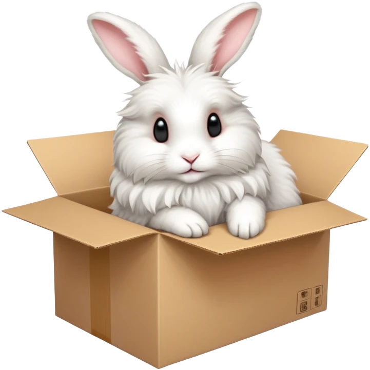  A very cute young Angora long rabbit  with one's head tilted to one side poked its paws out of the cardboard big box and placed them on top of it emoji