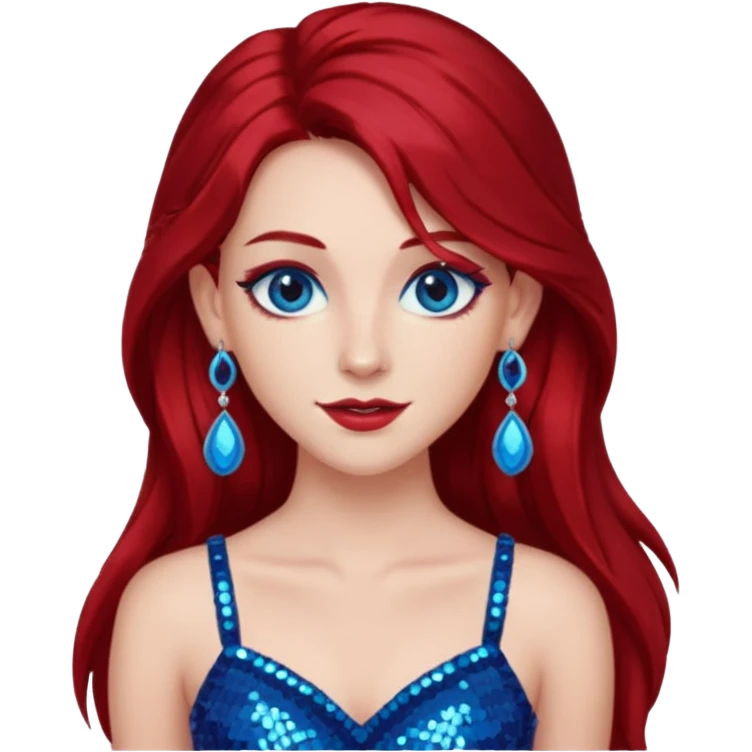 Chappell Roan (b.1998) with long dark red hair, red sequin crop top, red earring, blue eye, makeup emoji