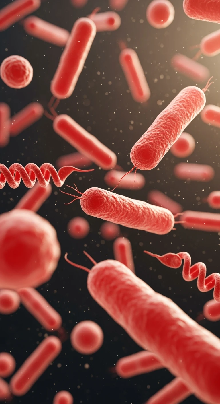 batteri intestinali rossi fluttuano in aria, IPERREALISTICO 4K emoji