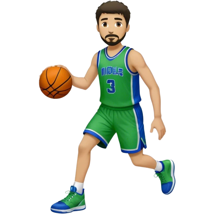 Full Body  white male basketball player with short dark shaggy hair and goatee wearing green and blue uniform emoji