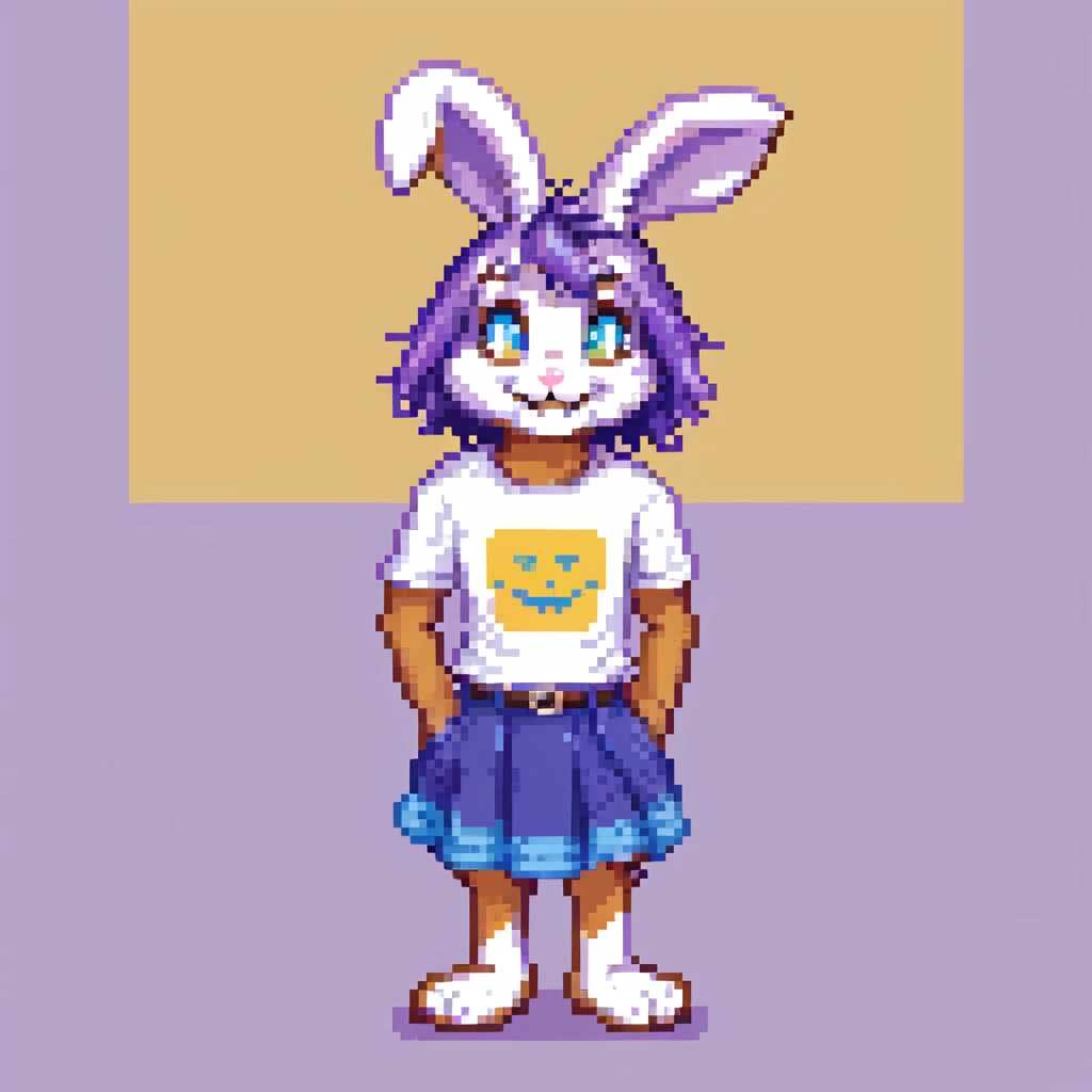 furry anthro male bunny with purple hair, blue eyes, purple and white fur, t-shirt and skirt, pixel art style, smiling emoji