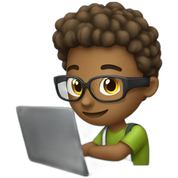 young man with laptop writes code on python emoji
