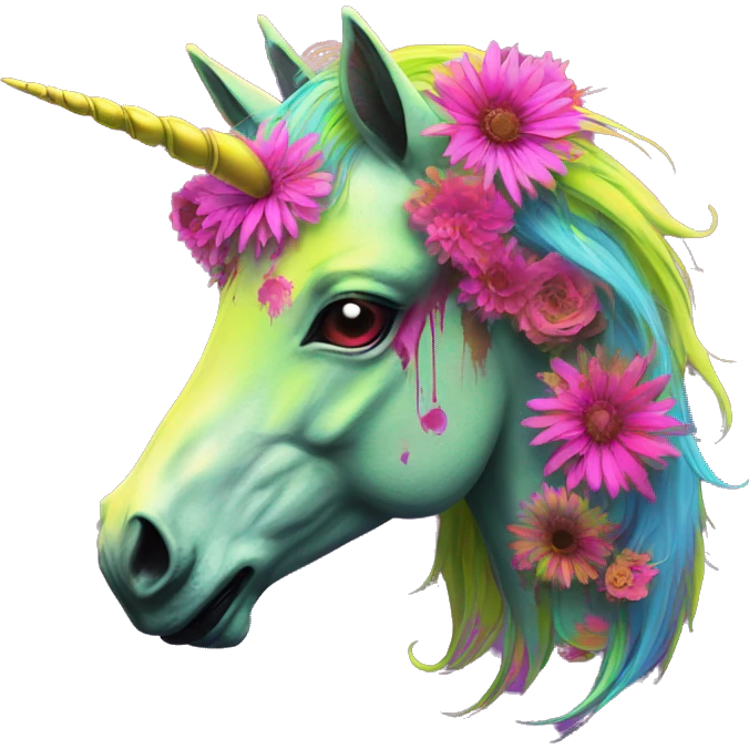 Zombie Pegasus unicorn psychedelic flowers floral groovy art neon rave raving emoji