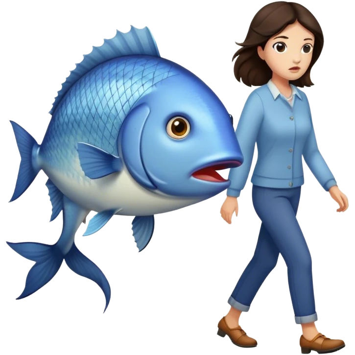 Annoyed Brunette Woman walking with huge fish emoji