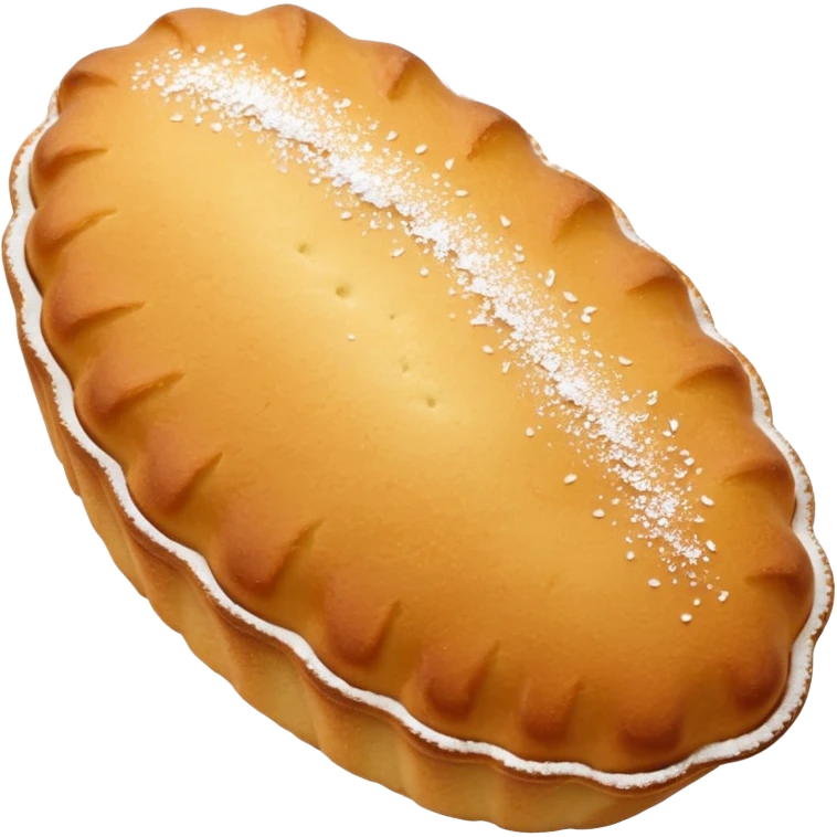 A madeleine pastry. Oval shaped. With scalloped single edge. emoji