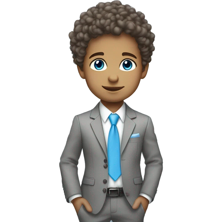 Little young  gentleman wearing a grey suit with white shirt and baby blue tie with blue eyes , white  skin and brown curly hair and full body . Wearing a watch  emoji