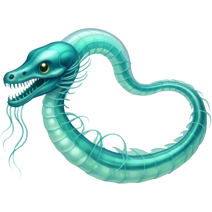 A phosphorescent deep-sea serpent with translucent scales that reveal its glowing skeleton, possessing both jellyfish-like tendrils and the ability to generate electrical pulses that illuminate the ocean depths. emoji