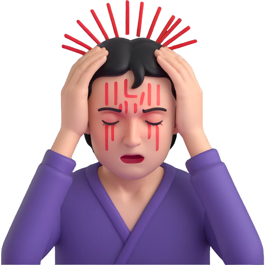 person with a headache, red pain lines above head, hands on temples, wincing expression emoji