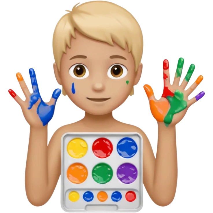 Kid with finger-painted hands and body, palette emoji