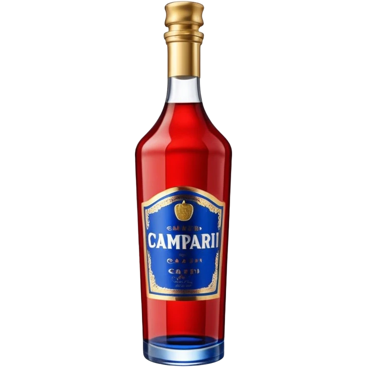 A tall red Campari bottle with a gold cap, bold blue-and-white label, and textured ridged glass at the bottom. Glossy, elegant, iconic look. emoji