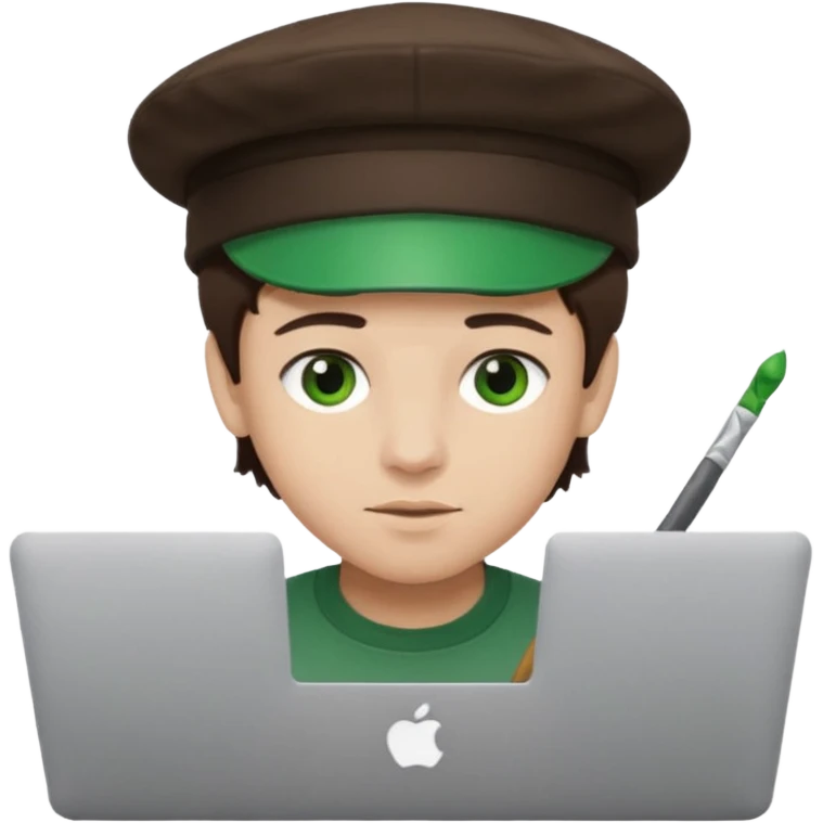 boy working in Macbook, him hat same like painter artist, eyes green color, color hair dark brown emoji