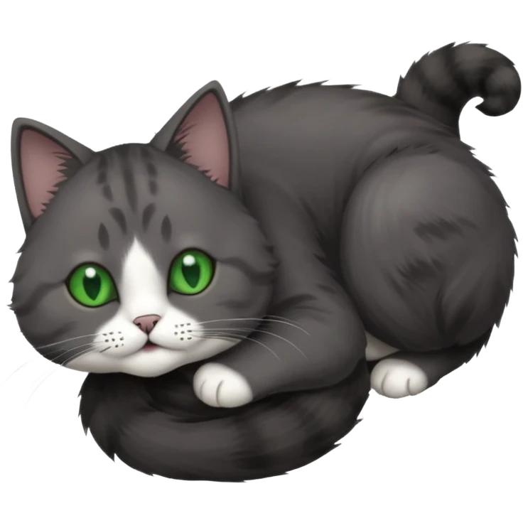 solid dark grey cat with green eyes, completely solid grey face, white toes/paws playing rolling upside down emoji