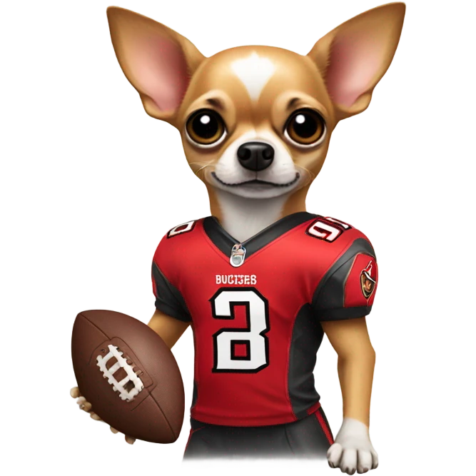 Chihuahua playing football wearing a buccaneers jersey emoji
