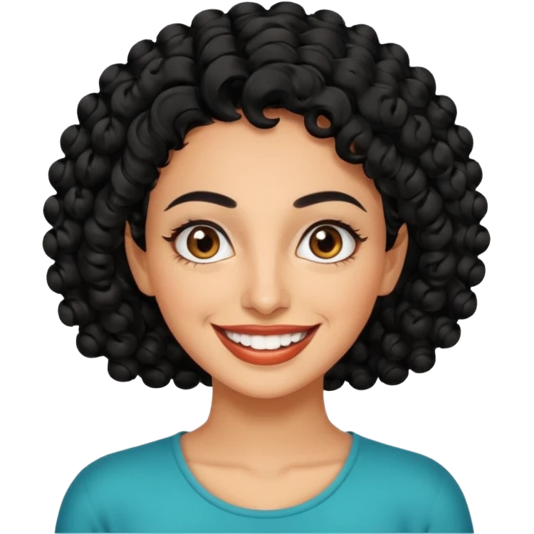 30 year old iranian woman very short curly black hair, big brown eyes, tanned skin, big smile, white teeth, pretty emoji