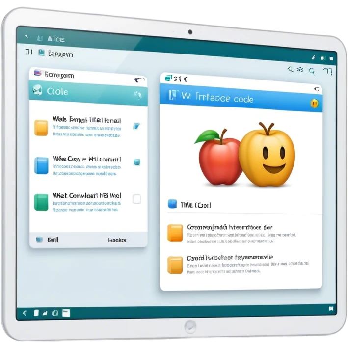 Create a professional emoji for UX/UI design. Show a program interface with two windows: one displaying HTML code, and the other showing the completed web interface. Use modern, professional colors. Do not include any emojis or smiley faces. Make the background transparent. emoji