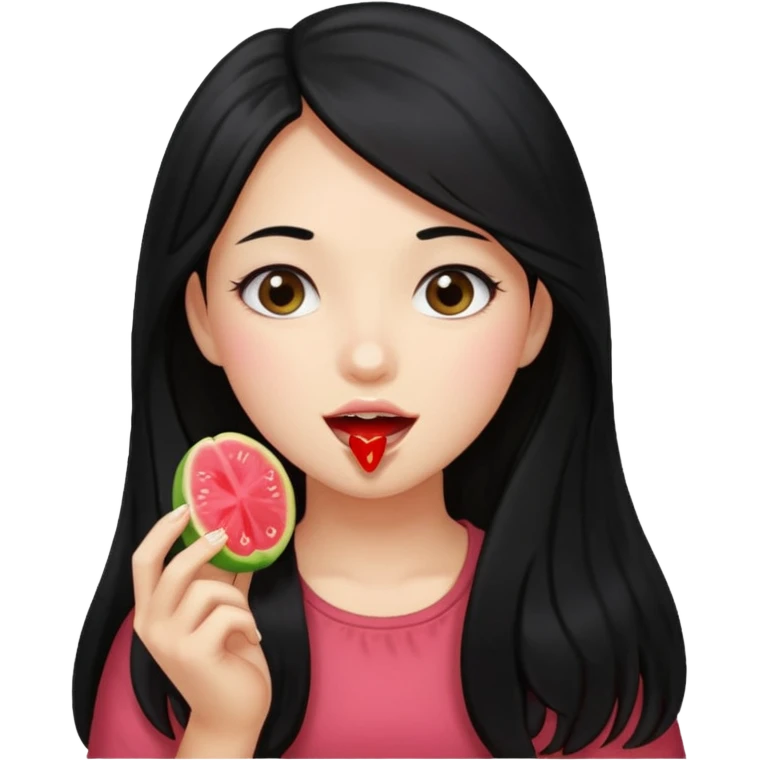 A girl with long black hair holding a piece of guava hard candy and pretending to eat it emoji