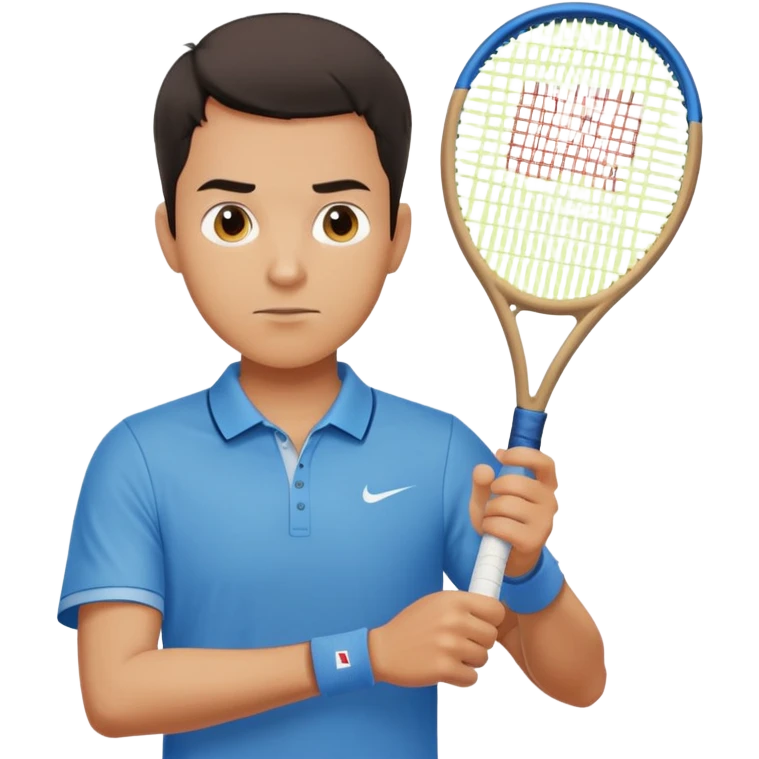 male tennis player emoji inspired by Hugo Dellien, short dark hair, neutral expression, blue shirt, holding a tennis racket emoji