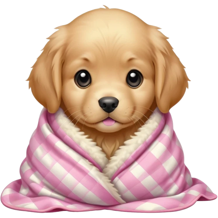 Golden retriever puppy wrapped in a pink checkered blanket  emoji
