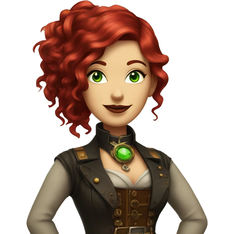 a steampunk woman with ruby red hair and green eyes looking pleased emoji
