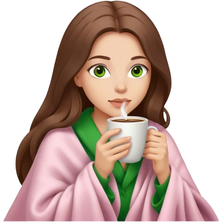 woman with very long brown hair and green eyes in a light pink blanket sipping coffee emoji