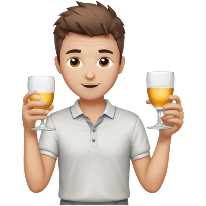 Handsome male.short messy brown hair.mowhawk hairstyle. wearing white golf shirt.grey shorts. Cheersing with a small glass emoji