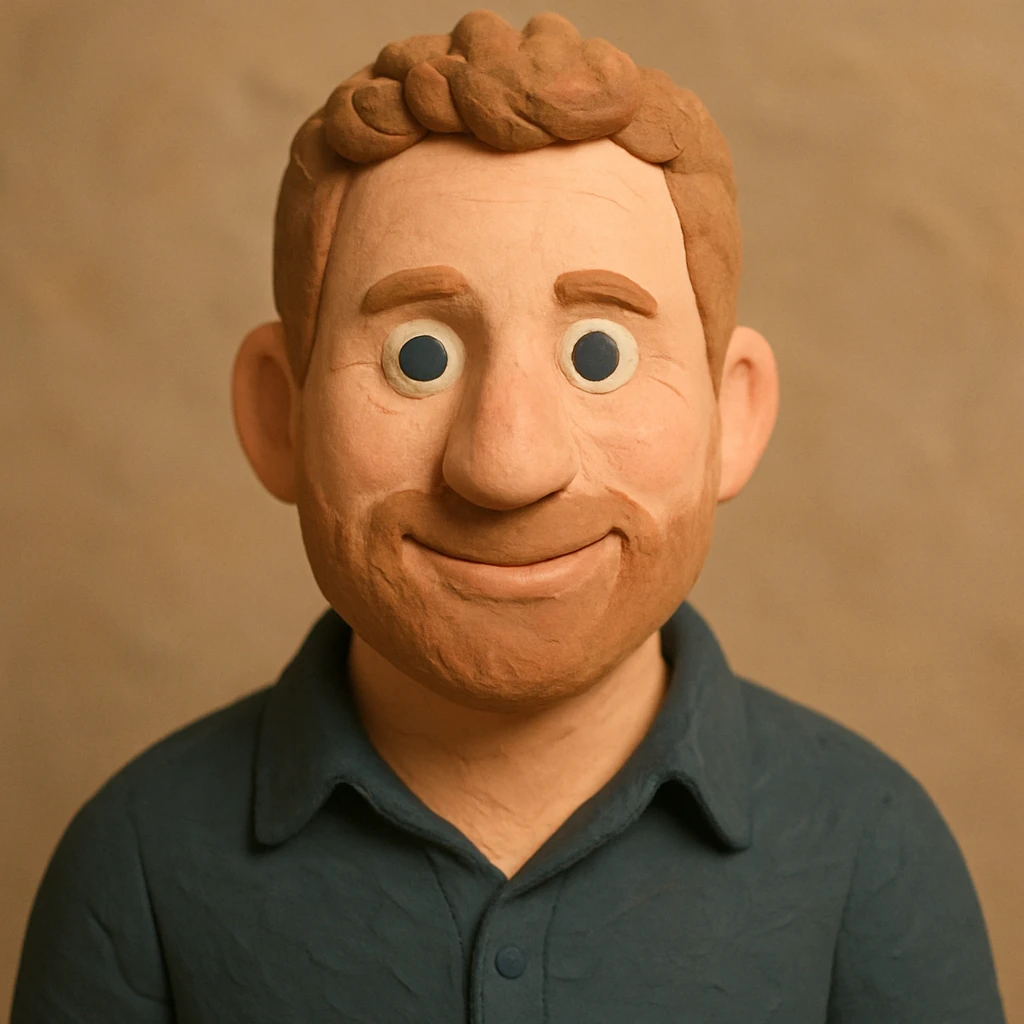 Create a claymation-style portrait emoji based on the person in the reference image, looking a bit younger with a friendly expression. Use pastel colors and ensure visible clay texture. Focus on head and shoulders only. emoji