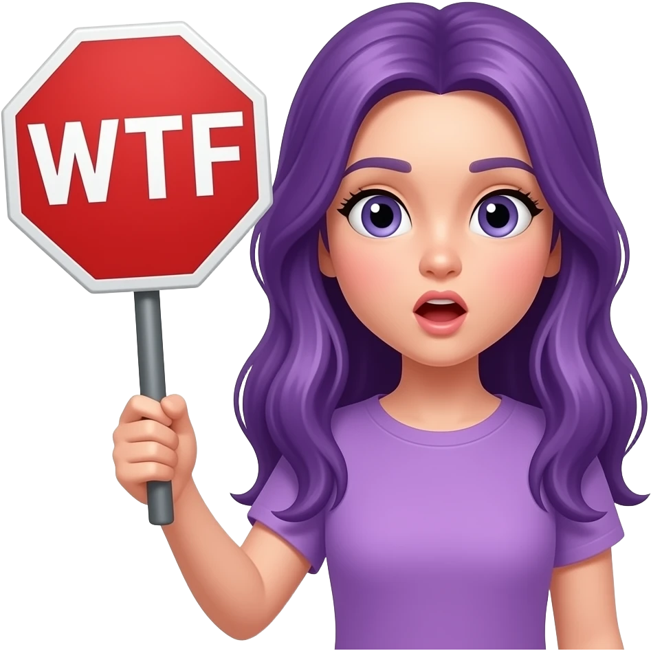 girl with long purple hair holding a STOP looking so GOOD... WTF sign emoji