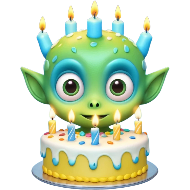 A cute friendly alien holding a birthday cake with candles, big expressive eyes, bright colors, cartoon style, playful atmosphere, 3D animated look, Pixar-inspired, highly detailed
 emoji