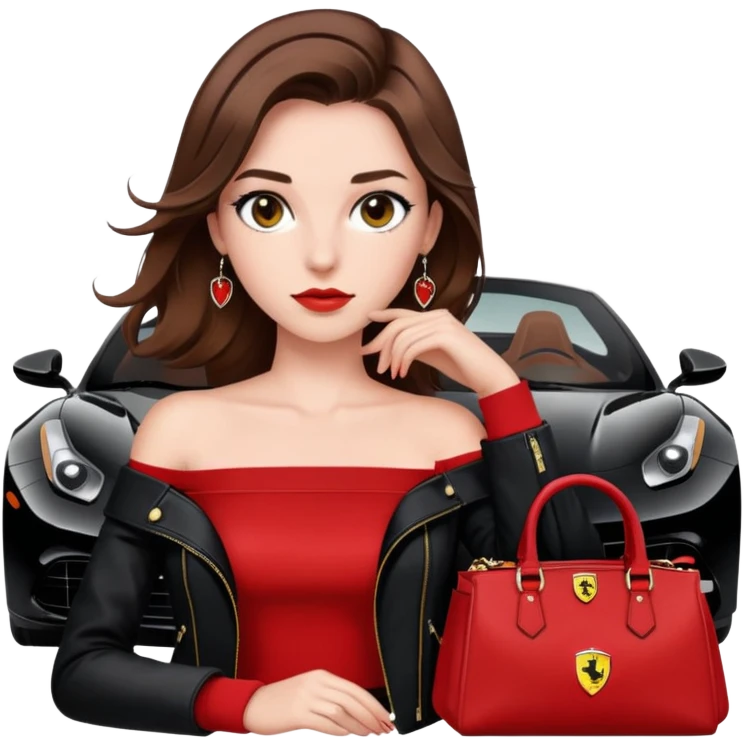 Girl with siren eyes brown hair off shoulder red top black jeans and ferrari jacket black prada purse  emoji