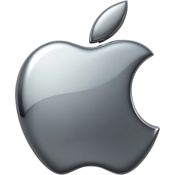 Metallic Apple logo emoji icon, chrome surface, sharp reflections, dark background, centered emoji