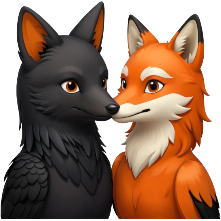 A female crow and a male fox kissing each other. emoji