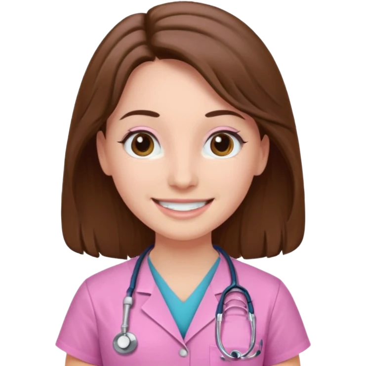doctor, pink, she, hair brown, eyes black, scrub pink, white skin, longlong hair, smile emoji