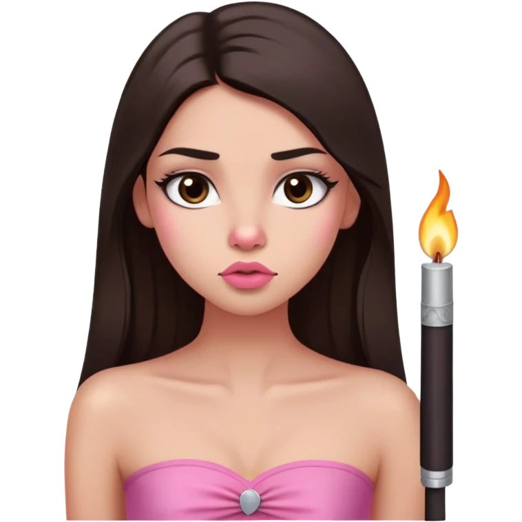 girl with lighter skin, dark brown long straight hair, pouty shiny lips without cupid's bow, large eyes, lighter button nose, long oval-shaped face, wearing a pink bandeau top with straight neckline emoji