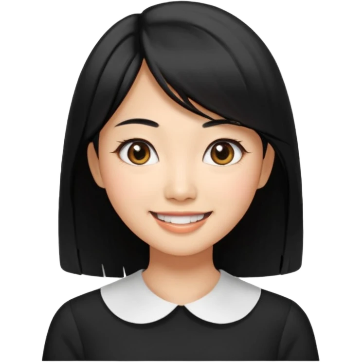 30 yr old asian woman center parted hair big eyes big smile tanned skin straight black hair hippie part hair white blouse shoulder length hair middle parted hair few short bangs at front emoji