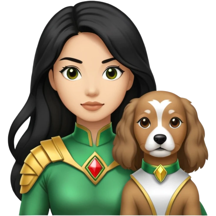 green power ranger wasian woman with long black hair and a fully light brown cockapoo dog emoji