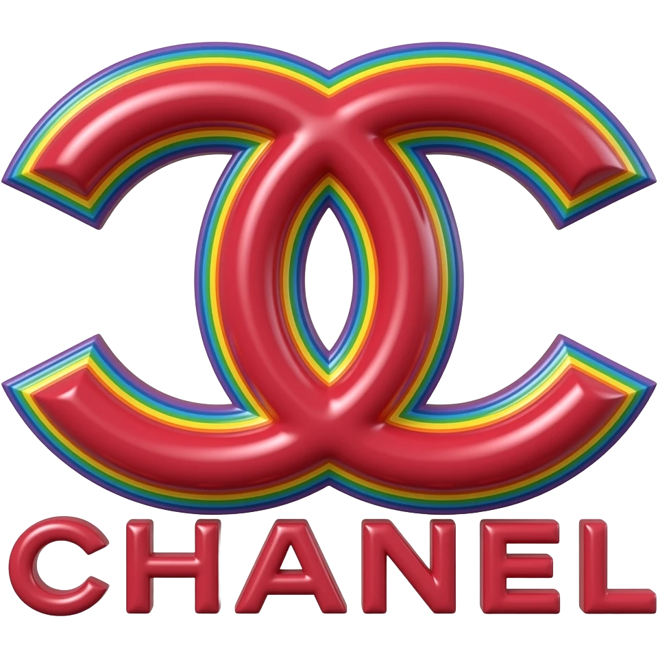 name "Chanel" in raspberry red 3D style typography lettering, each color of the rainbow as a border outlined around each letter, isolated, 3d rendering, no emoji icons no emoji faces and must have no human figures emoji