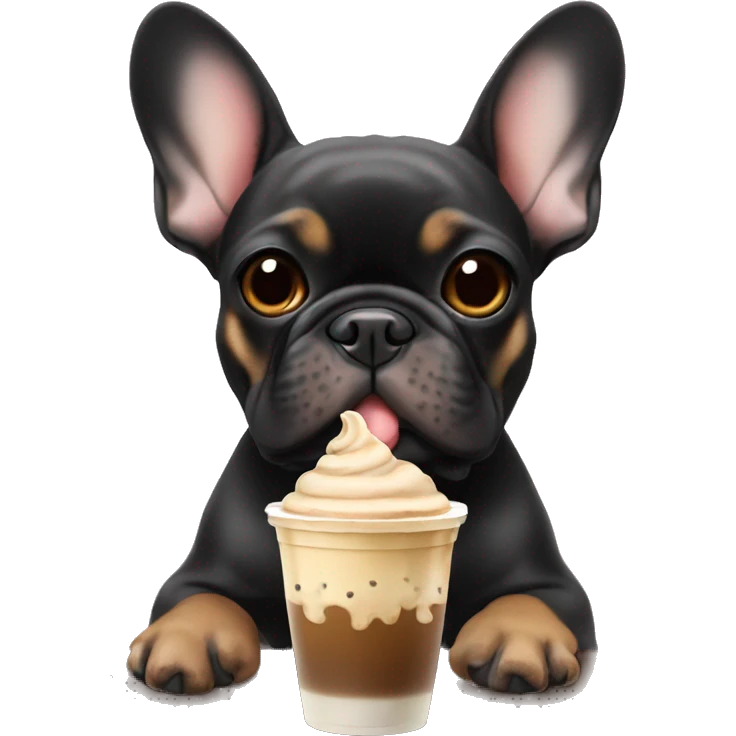 Black and tan frenchie with iced coffee   emoji