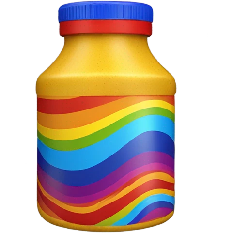 A rainbow mustard container with rainbow mustard pouring out of it emoji