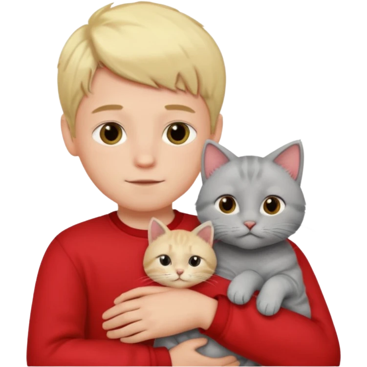 Make 1 gray cats cudling a kid that’s a boy wearing all red and he’s blond emoji
