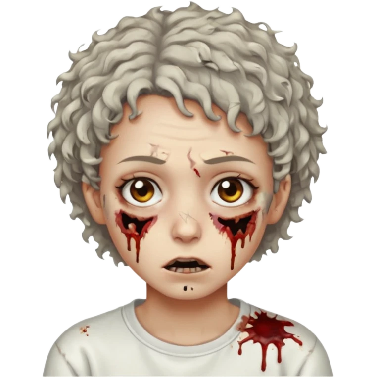 zombie with short curly hair and brown eyes wearing a white sweat emoji