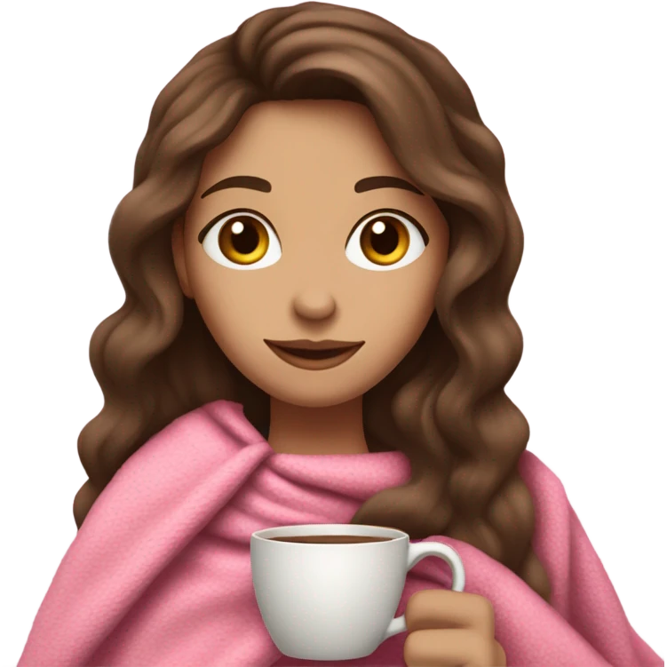 girl inside a pink blanket holding coffee , brunette long wavy hair, with fair skin emoji