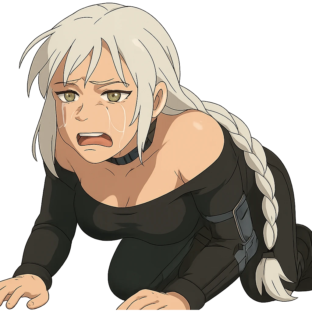  she is crawling, crying, utterly defeated, a closeup portrait of young woman with gold yellow eyes, white hair, long braid, black off-shoulder top d-cup, punk gothic style, futuristic cyberwave cyberpunk, sitting position
 emoji
