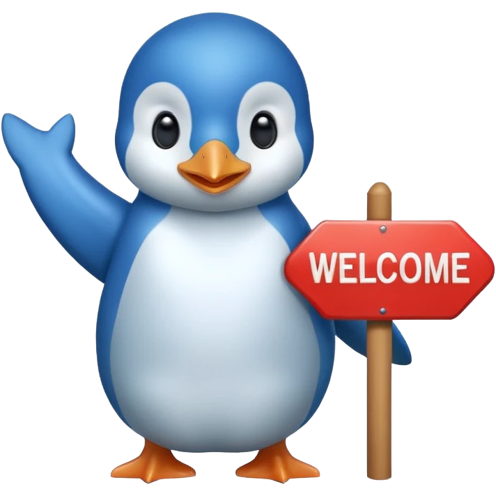 Blue penguin that holds very big welcome sign emoji