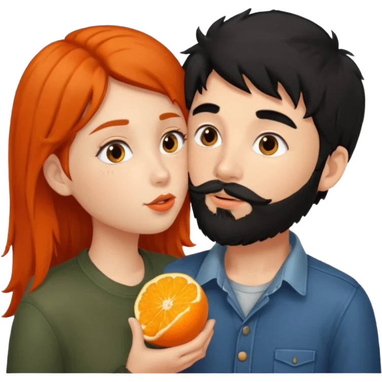 Black hair girl kissing brown haired boy with orange beard emoji