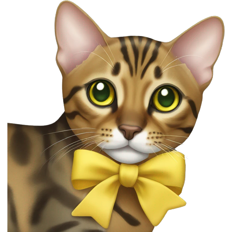 green-eyed bengal cat has a small yellow bow  emoji