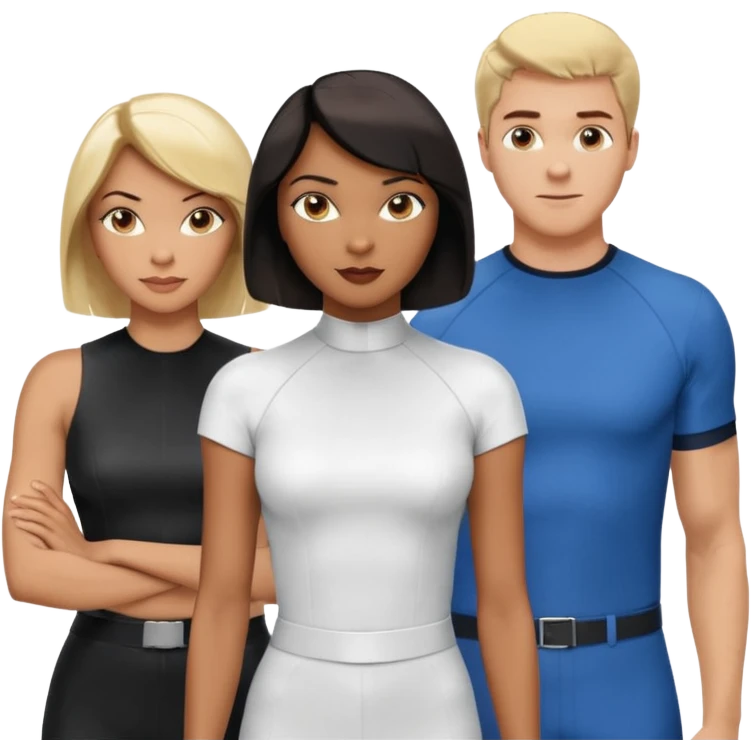 3 Friends standing side by side, charlie's angels style: 1 black woman with a short flat pressed bob, 1 hispanic man with a thin nose and long hair, and 1 white guy with blue eyes and a short brown-blonde haircut emoji